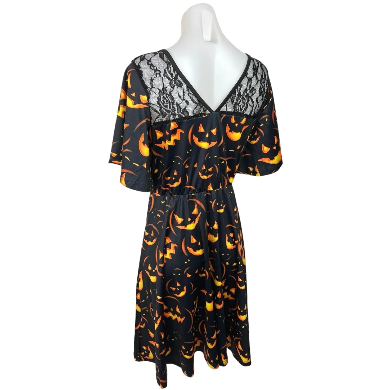 Aobute Black Lace Flutter Sleeve Halloween Carnival Party Costume A-Line Dress S