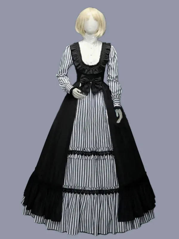 Black  Retro Tudor Dress Costumes  Ruffles Polyester Stripes Dress Women's Retro Tunic Marie Antoinette Costume Vintage Clothing