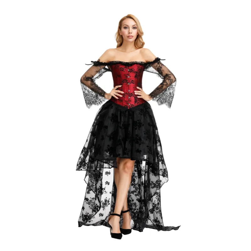 Floral Steampunk Cupless Corset Dress, Ren Faire Gothic Halloween Costume,