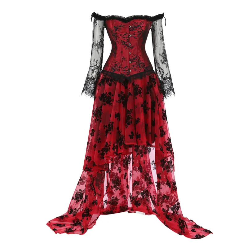 Floral Steampunk Cupless Corset Dress, Ren Faire Gothic Halloween Costume,