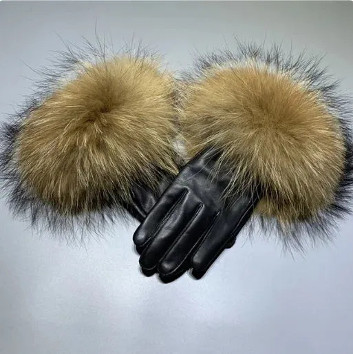 Gloves made of natural sheepskin with natural fur on a warm fluffy lining