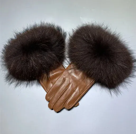 Gloves made of natural sheepskin with natural fur on a warm fluffy lining