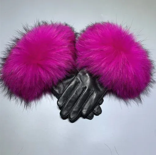 Gloves made of natural sheepskin with natural fur on a warm fluffy lining