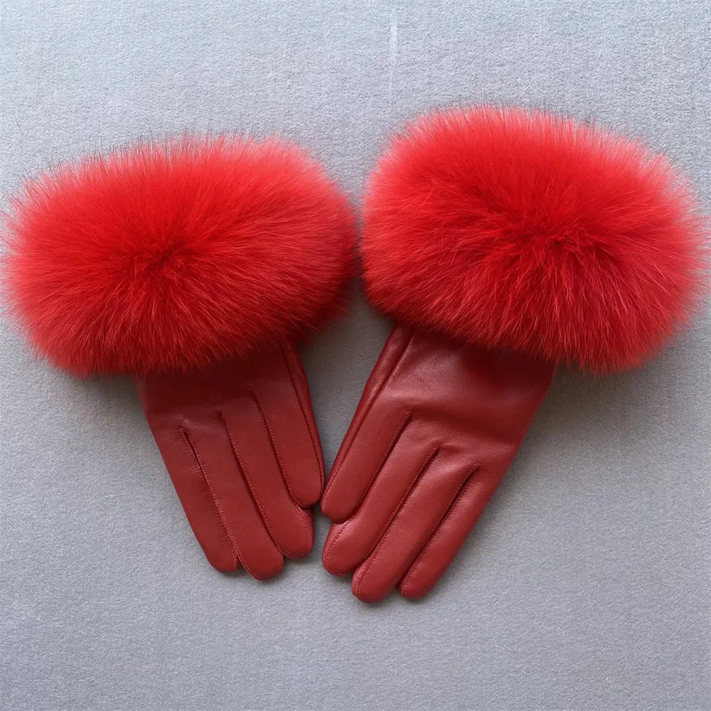 Gloves made of natural sheepskin with natural fur on a warm fluffy lining