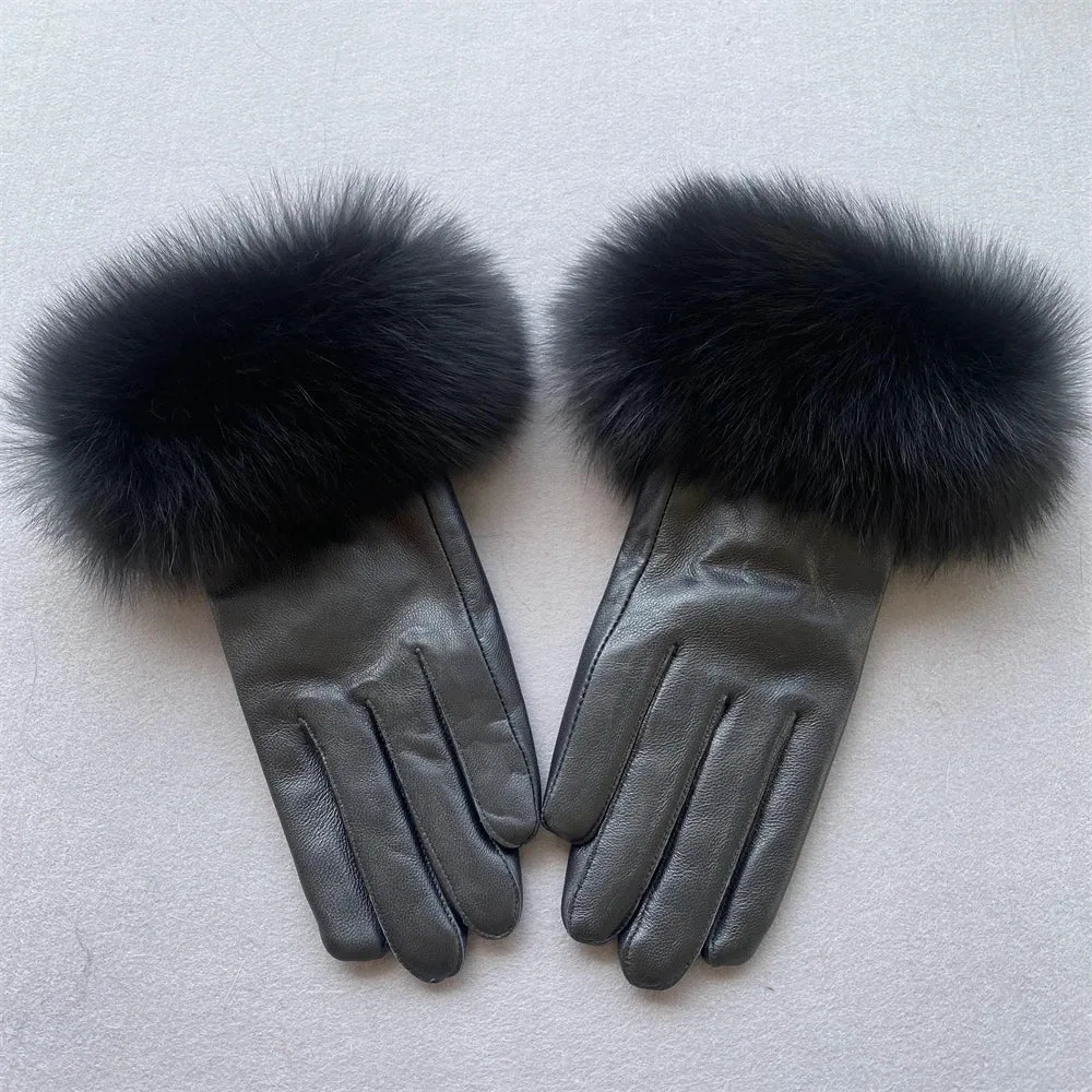 Gloves made of natural sheepskin with natural fur on a warm fluffy lining