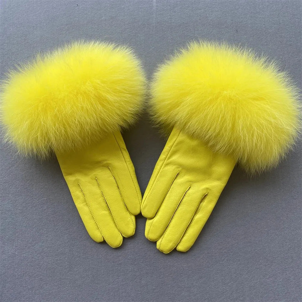 Gloves made of natural sheepskin with natural fur on a warm fluffy lining