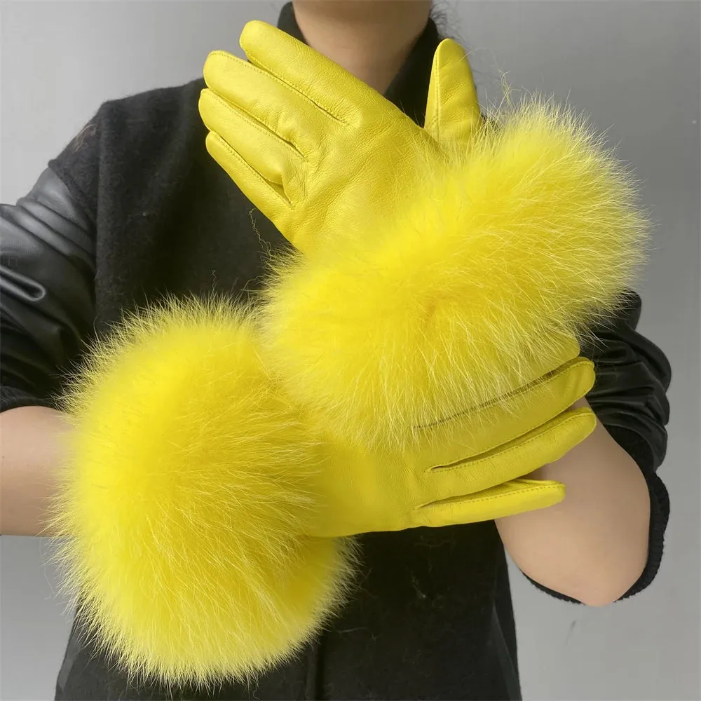 Gloves made of natural sheepskin with natural fur on a warm fluffy lining