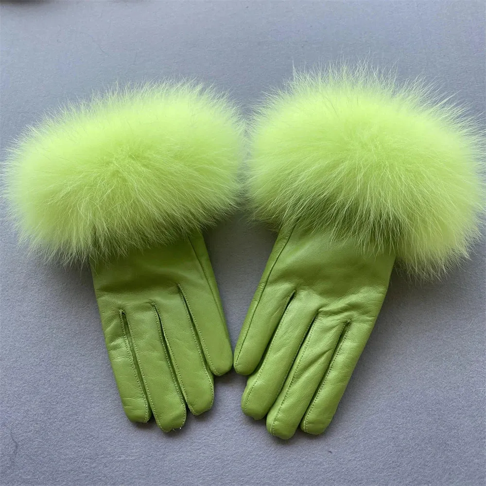 Gloves made of natural sheepskin with natural fur on a warm fluffy lining