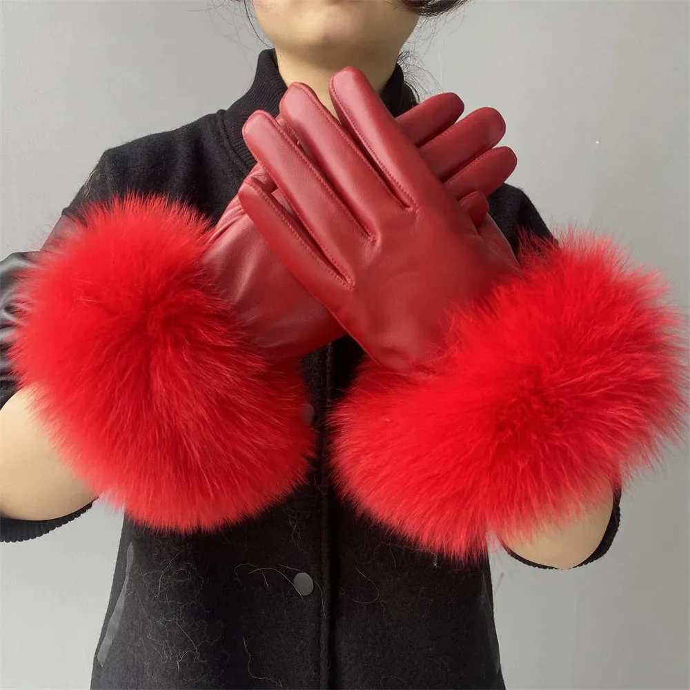 Gloves made of natural sheepskin with natural fur on a warm fluffy lining