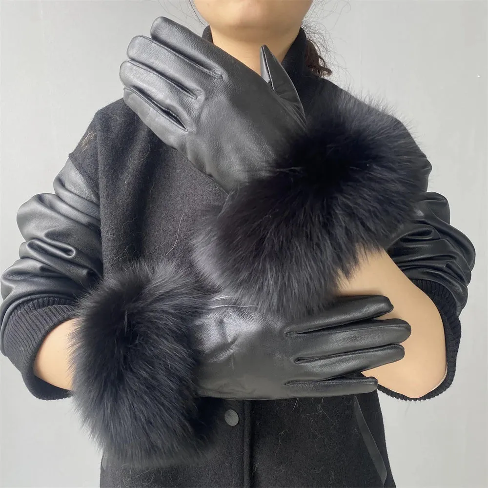 Gloves made of natural sheepskin with natural fur on a warm fluffy lining