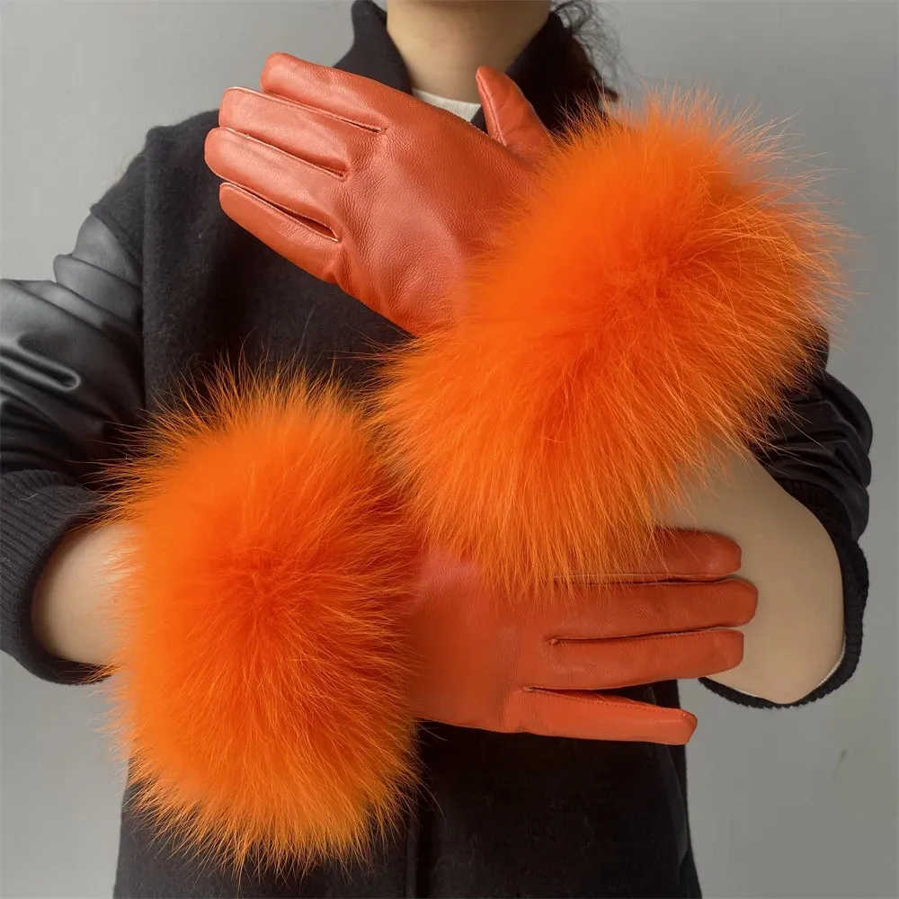 Gloves made of natural sheepskin with natural fur on a warm fluffy lining