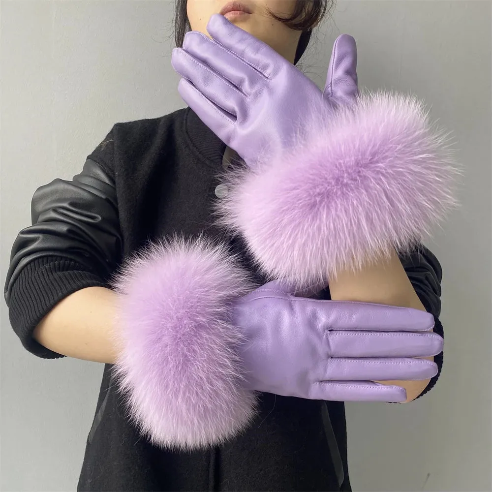 Gloves made of natural sheepskin with natural fur on a warm fluffy lining