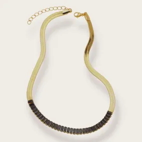 Half baguette stones half herringbone choker chain necklace in 18kts gold plated