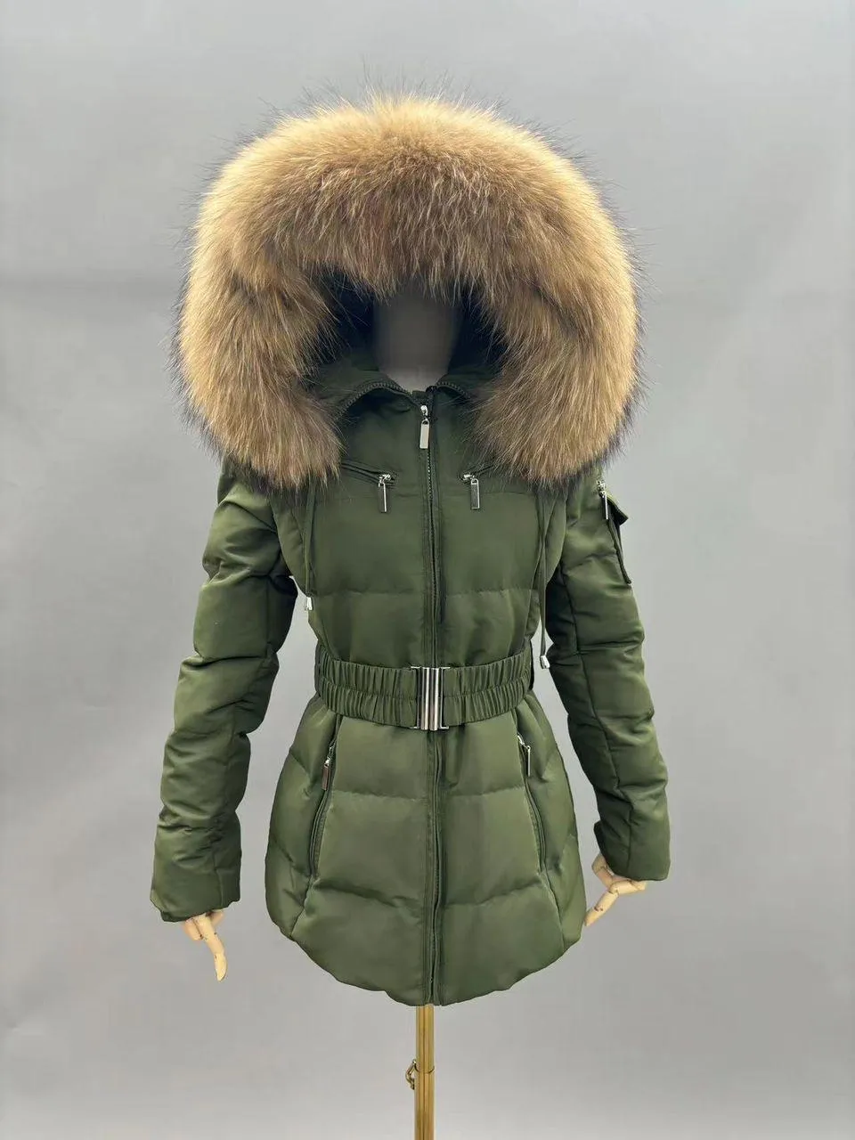 Khaki/Natural Fur Luxury Fur Padded Belted Coat