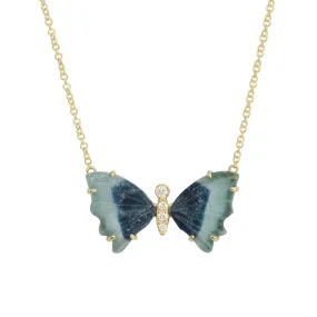 Mini Blue and Navy Tourmaline Butterfly Necklace with Prongs